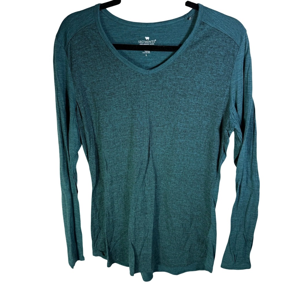 Segments Womens L 100% Merino Wool V-Neck Long Sleeve Top Teal Green Heather